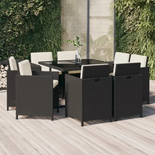 Conjunto de Jantar p/ Jardim c/ Almofadões Vime PE Preto (9 pcs)