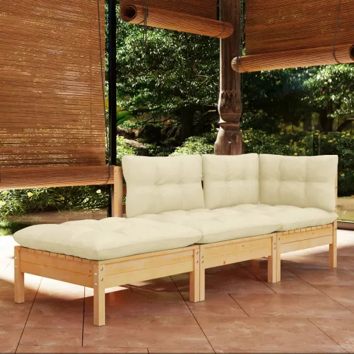 Conjunto Lounge Jardim c/ Almofadões Creme Pinho Maciço (3 pcs)