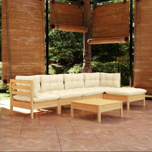 Conjunto Lounge Jardim c/ Almofadões Cor Creme Pinho (6 pcs)