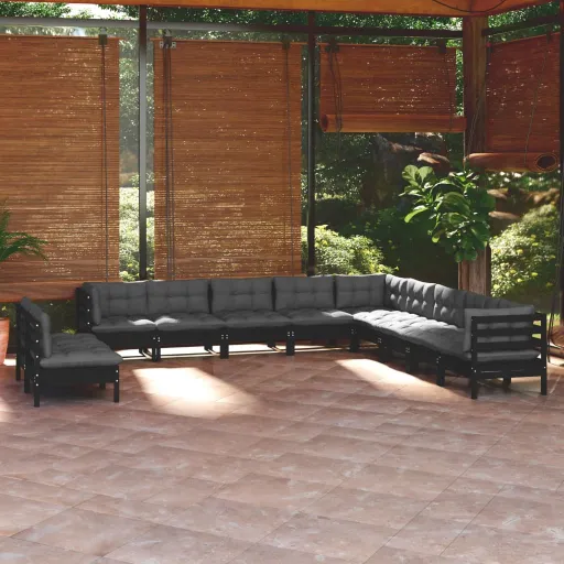 Conjunto Lounge Jardim c/ Almofadões Pinho Maciço Preto (11 pcs)