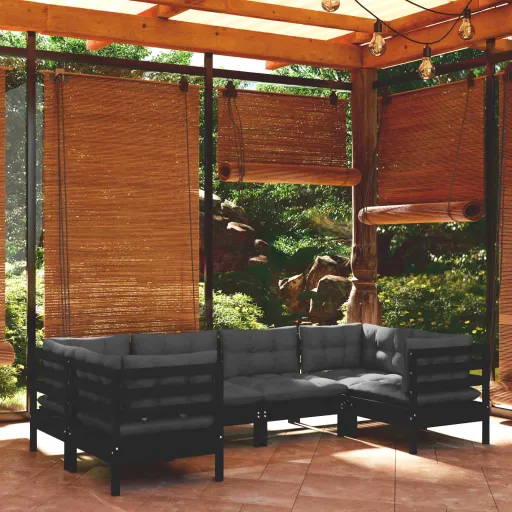 Conjunto Lounge de Jardim c/ Almofadões Pinho Preto (6 pcs)