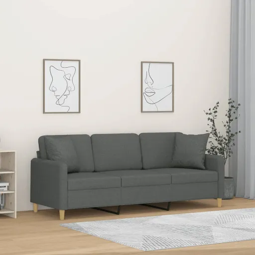 Sofá 3 Lugares + Almofadas Decoração 180 cm Tecido Cinza-Escuro