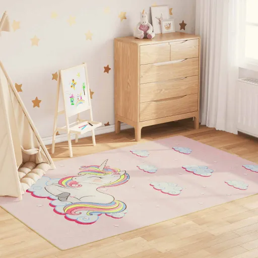 Tapete Lavável Antiderrapante Infantil 160x230cm Unicórnio Rosa