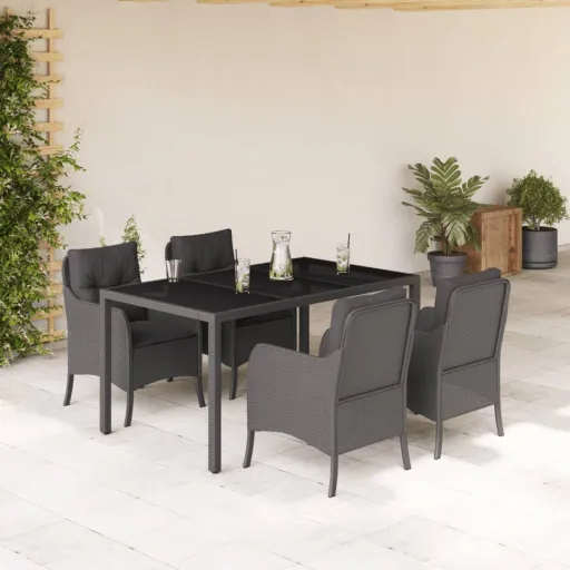 Conjunto de Jantar p/ Jardim c/ Almofadões Vime PE Preto (5 pcs)