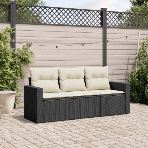 Conjunto Sofás de Jardim com Almofadões Vime PE Preto (3 pcs)