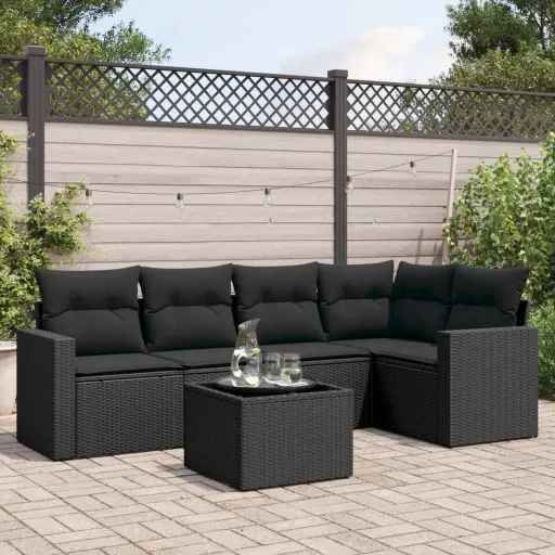 Conjunto Sofás de Jardim c/ Almofadões Vime PE Preto (6 pcs)