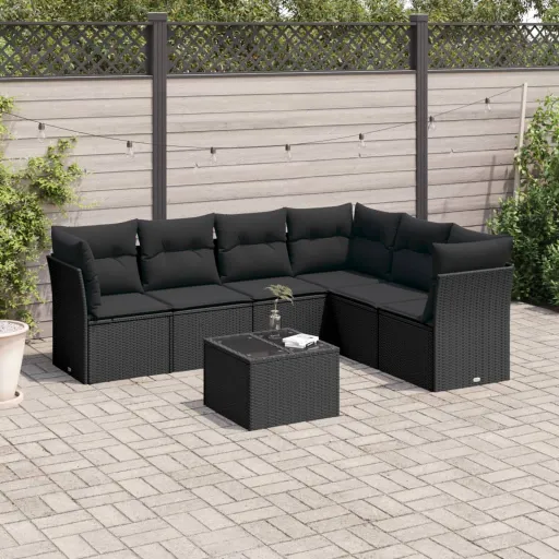 Conjunto de Sofás p/ Jardim c/ Almofadões Vime PE Preto (7 pcs)