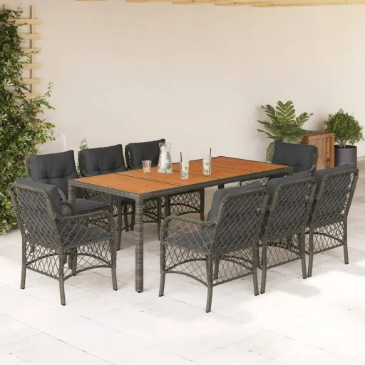 Conjunto de Jantar p/ Jardim c/ Almofadões Vime PE Cinza (9 pcs)