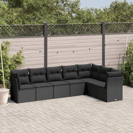 Conjunto de Sofás p/ Jardim c/ Almofadões Vime PE Preto (7 pcs)