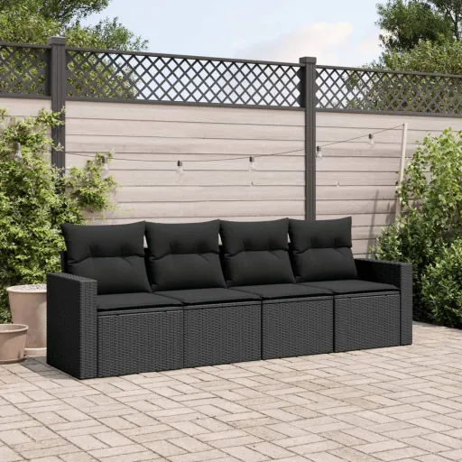 Conjunto de Sofás para Jardim c/ Almofadões Vime PE Preto (4 pcs)