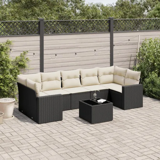 Conjunto Sofás de Jardim com Almofadões Vime PE Preto (8 pcs)