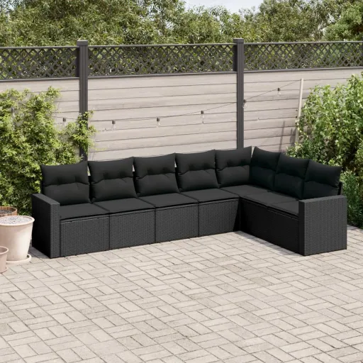 Conjunto de Sofás p/ Jardim c/ Almofadões Vime PE Preto (7 pcs)