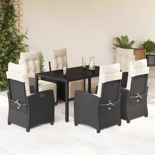 Conjunto de Jantar p/ Jardim c/ Almofadões Vime PE Preto (7 pcs)