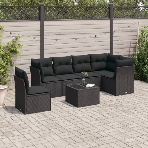 Conjunto de Sofás p/ Jardim c/ Almofadões Vime PE Preto (7 pcs)