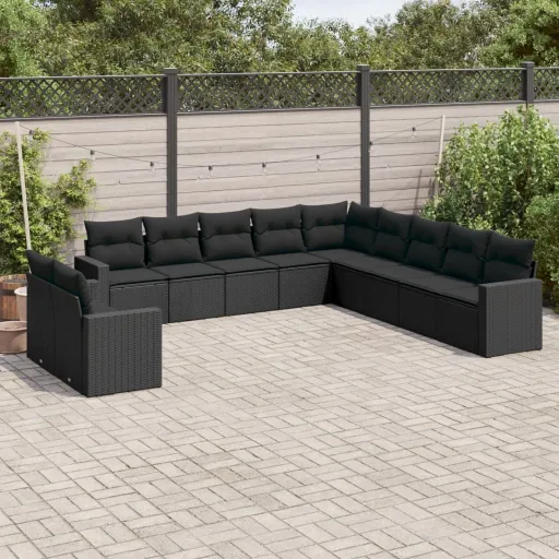 Conjunto Sofás de Jardim c/ Almofadões Vime PE Preto (11 pcs)