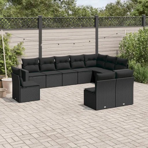 Conjunto Sofás de Jardim c/ Almofadões Vime PE Preto (10 pcs)