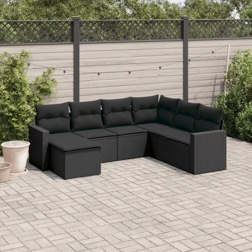 Conjunto de Sofás p/ Jardim c/ Almofadões Vime PE Preto (7 pcs)