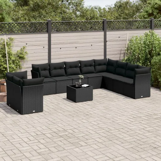 Conjunto Sofás de Jardim c/ Almofadões Vime PE Preto (11 pcs)