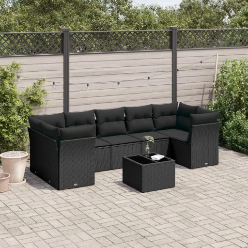 Conjunto Sofás de Jardim com Almofadões Vime PE Preto (8 pcs)