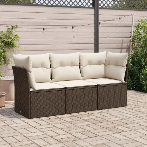 Conjunto Sofás de Jardim com Almofadões Vime PE Castanho (3 pcs)