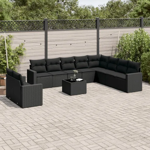 Conjunto Sofás de Jardim c/ Almofadões Vime PE Preto (11 pcs)