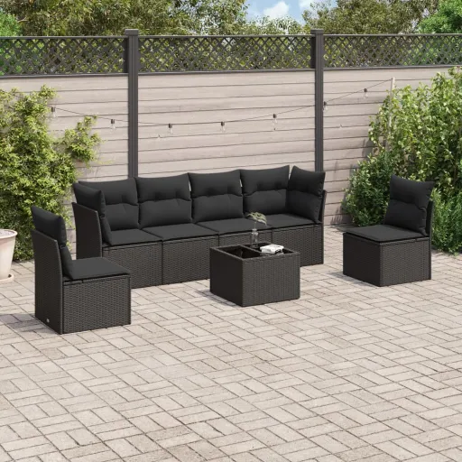 Conjunto de Sofás p/ Jardim c/ Almofadões Vime PE Preto (7 pcs)