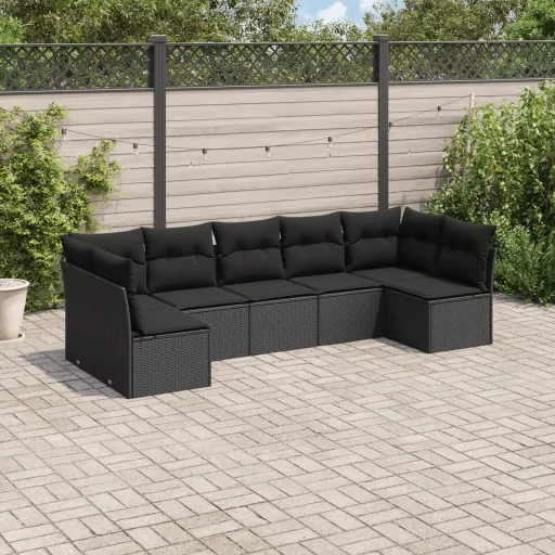 Conjunto de Sofás p/ Jardim c/ Almofadões Vime PE Preto (7 pcs)