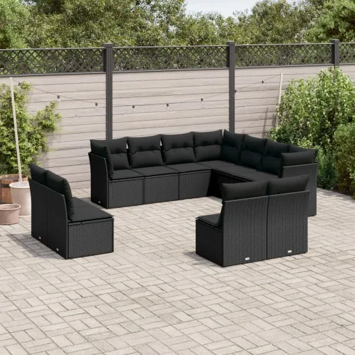 Conjunto Sofás de Jardim c/ Almofadões Vime PE Preto (11 pcs)