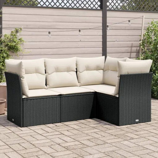 Conjunto de Sofás para Jardim c/ Almofadões Vime PE Preto (4 pcs)