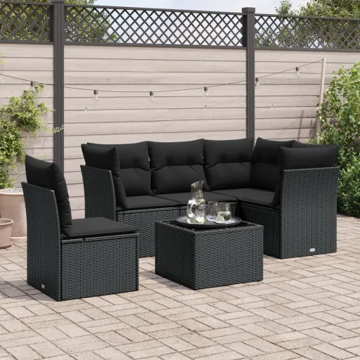 Conjunto Sofás de Jardim c/ Almofadões Vime PE Preto (6 pcs)