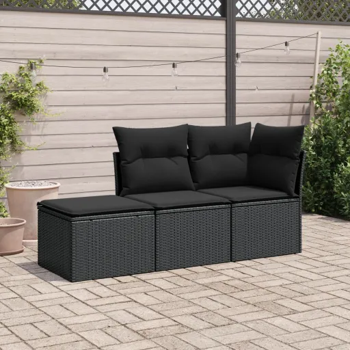 Conjunto Sofás de Jardim com Almofadões Vime PE Preto (3 pcs)