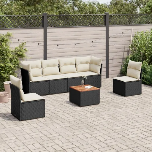 Conjunto de Sofás p/ Jardim c/ Almofadões Vime PE Preto (7 pcs)