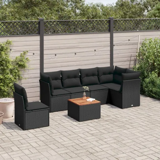 Conjunto de Sofás p/ Jardim c/ Almofadões Vime PE Preto (7 pcs)