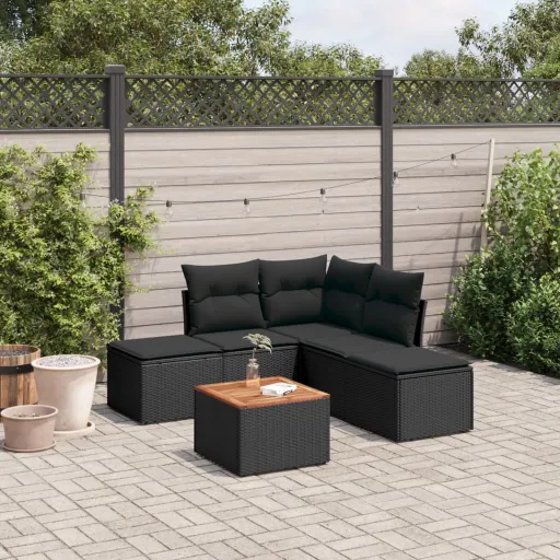 Conjunto Sofás de Jardim c/ Almofadões Vime PE Preto (6 pcs)