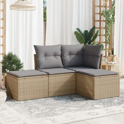 Conjunto de Sofás para Jardim c/ Almofadões Vime PE Bege (4 pcs)