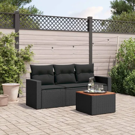 Conjunto de Sofás para Jardim c/ Almofadões Vime PE Preto (4 pcs)