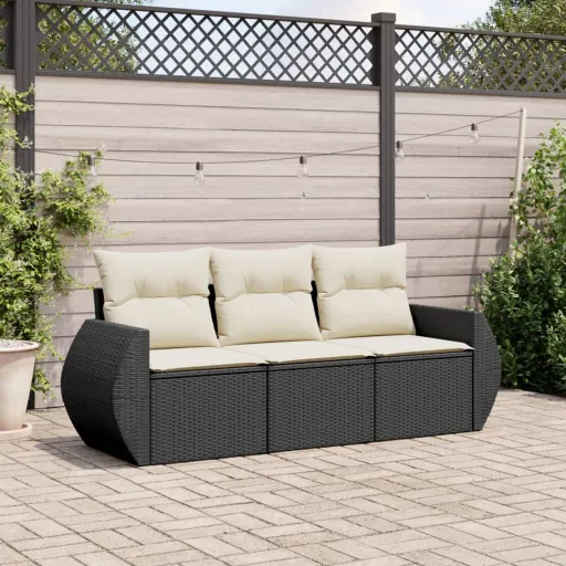 Conjunto Sofás de Jardim com Almofadões Vime PE Preto (3 pcs)