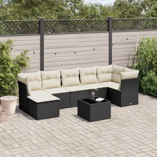 Conjunto Sofás de Jardim com Almofadões Vime PE Preto (8 pcs)