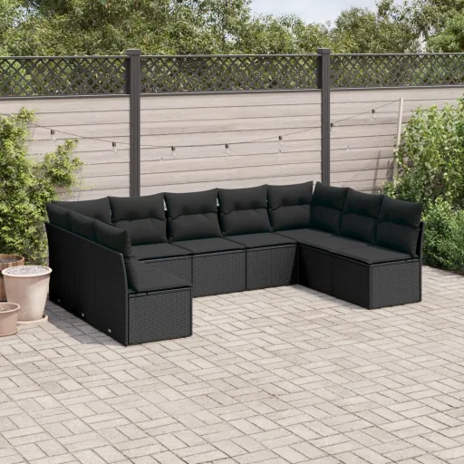 Conjunto de Sofás p/ Jardim c/ Almofadões Vime PE Preto (9 pcs)