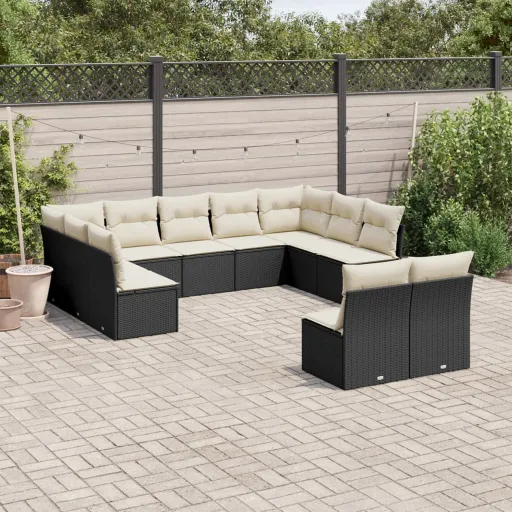 Conjunto Sofás de Jardim c/ Almofadões Vime PE Preto (11 pcs)