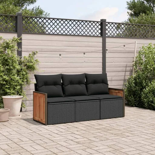 Conjunto Sofás de Jardim com Almofadões Vime PE Preto (3 pcs)