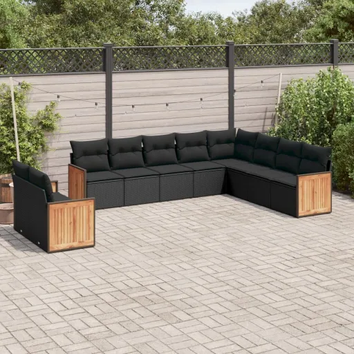 Conjunto Sofás de Jardim c/ Almofadões Vime PE Preto (10 pcs)