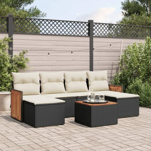 Conjunto de Sofás p/ Jardim c/ Almofadões Vime PE Preto (7 pcs)