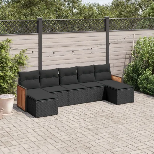 Conjunto de Sofás p/ Jardim c/ Almofadões Vime PE Preto (7 pcs)