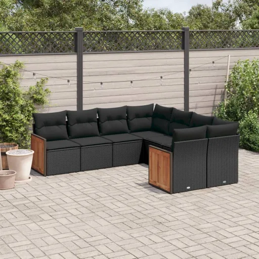 Conjunto Sofás de Jardim com Almofadões Vime PE Preto (8 pcs)