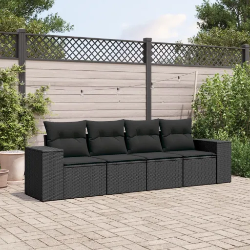 Conjunto de Sofás para Jardim c/ Almofadões Vime PE Preto (4 pcs)