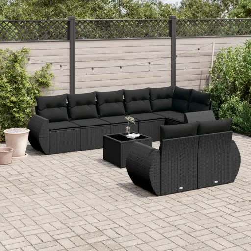 Conjunto de Sofás p/ Jardim c/ Almofadões Vime PE Preto (9 pcs)