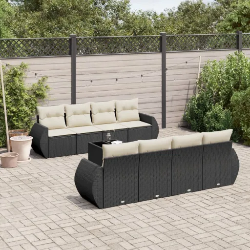 Conjunto de Sofás p/ Jardim c/ Almofadões Vime PE Preto (9 pcs)