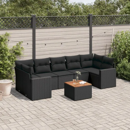 Conjunto Sofás de Jardim com Almofadões Vime PE Preto  (8 pcs)