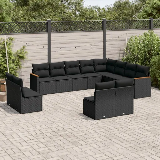 Conjunto de Sofás de Jardim c/ Almofadões Vime PE Preto (12 pcs)